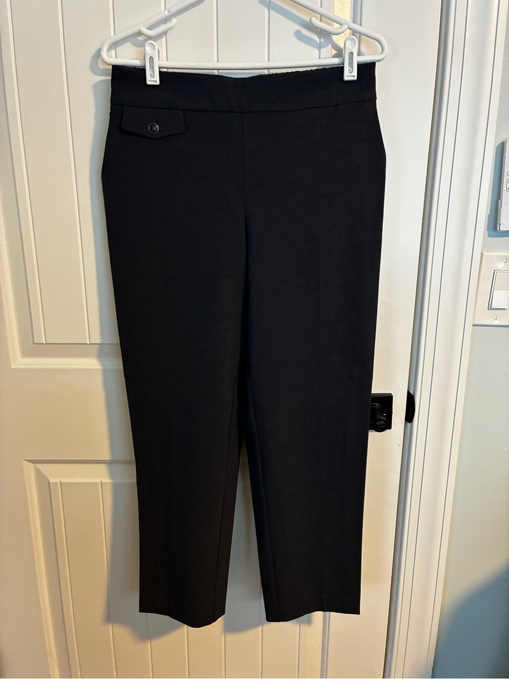 Women’s Dark Blue Gray Dress Trousers with Subtle Button Detail